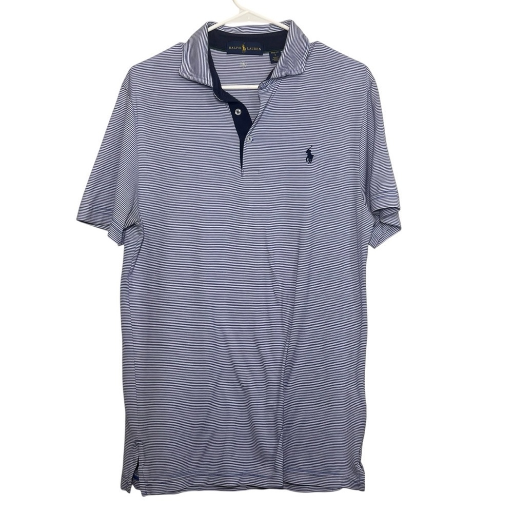 RALPH LAUREN Pro-Fit Golf Polo Mens Size Medium Navy Blue Striped Pony Logo